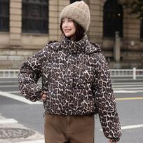 Autumn and winter new Spice Girl leopard print cotton coat women's thickened short stand-up collar jacket cotton coat XXL gray