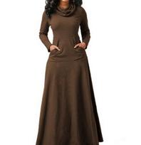 2025 Autumn/Winter Solid Color Patchwork Pocket Neck Gaiter Long Dress S brown