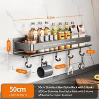 Stainless Steel Kitchen Spice Rack, Multi-Functional Wall Mounted Organizer for Seasoning Jars, Condiments and Kitchen Supplies 50cm+5 hooks
