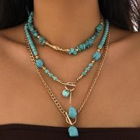 Vintage Geometric Turquoise Beaded Layered Choker Necklace Boho Style Women 01 Gold 5195 brown