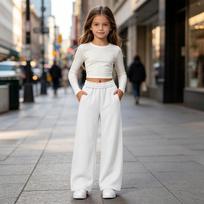 Girls' Cute Casual Loose Fit Sweatpants, Lightweight Straight Leg Pants with Pockets for Back to School 160 white