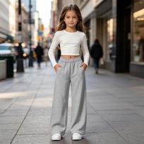 Girls' Cute Casual Loose Fit Sweatpants, Lightweight Straight Leg Pants with Pockets for Back to School 160 gray