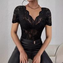 Elegant Fan Shaped V Neck Solid Lace Slim Fit Short Sleeve Women T Shirt Top XL black