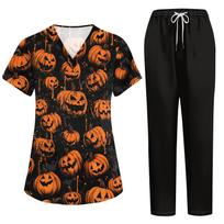Women's Costume Set Short Sleeve Halloween Print Pocket Top and Pants 2 Piece Work Uniform S