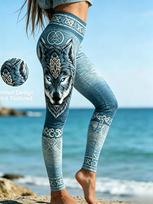 Printed Viking ethnic style wolf head printed elegant women's four-season casual outdoor tight-fitting leggings M black