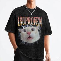 Ibuprofen Cat Meme T Shirt Washed Cotton High Street T-Shirts  Fashion Men Women Streetwear Printed Tops Tees 3XL gray