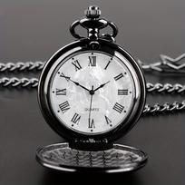 Smooth Steel Quartz Pocket Watch, Vintage Roman Number Dial Watch black