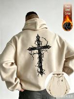 Thorn Cross Back Print Hoodie, Fleece-Lined, Loose Fit Pullover for Men and Women, Dark Street Style, Autumn/Winter Casual Sweatshirt XL