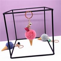 Candy Color Ice Cream Shape Keychain Cute Pompom Pendant Keyring for Women  Girls Wallet Handbag Ornament Car Key Decoration pink