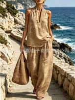 1116 Bohemian print neck top wide-leg pants two-piece casual vacation suit 5XL brown