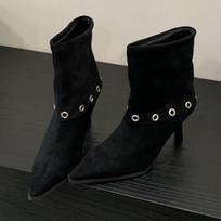 Elegant Pointed Toe Thin Heel Ankle Boots Women Fashion Metal Rivet Decoration Designer Boots High Quality Cozy Faux Suede Boots 40