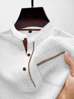 Spring Fall Men's Waffle Knit Mandarin Collar Henley Shirt Textured Contrast Trim Short Sleeve Casual Business Daily Tops XXXL balta
