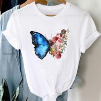 (Asian Size) Dragonfly Sweet Flower Short Sleeve Tee Top Fashion Tshirt Women Clothing Casual Print Lady Female Graphic T-shirt S white