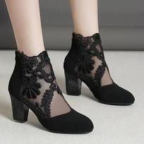 2024 New Square Root Women's Shoes Fashion Office Boots Back Zipper Ankle Boots Women's Floral Lace Pointed Toe Women's Shoes 36 juoda
