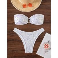 Blizgūs blizgučiai Bandeau Bikini Moteriškas maudymosi kostiumas Moteriški maudymosi drabužiai Dviejų dalių Bikini rinkinys Brazilijos maudymosi kostiumas Maudymosi kostiumas Maudymosi S white