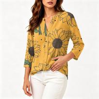 Women's Vintage Floral Print Henley Button Neck Shirt Three Quarter Sleeve Cotton Linen Blend Casual Top M yellow