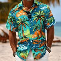 Hawaiian Short Sleeve Shirt, Palm Tree & Skateboard Print, Great for Summer Beach Outings. M blue