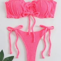 Women Sexy Two Piece Lace Up Bow Solid Split Bikini Beach Swimwear L pink