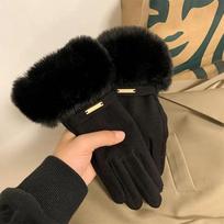 Moterys žiemą išlaiko šilumą plius aksominis jutiklinis ekranas, storas pliušinis riešas, zomšinės pirštinės Madinga asmenybė Elegantiškas važiavimas dviračiu One Size black