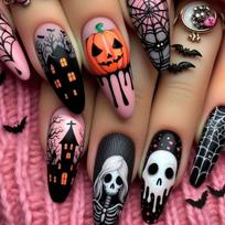 24 Pcs Black Long Almond Press On Nails Halloween Ghost Pumpkin Pattern Stiletto Fake Nail Tips