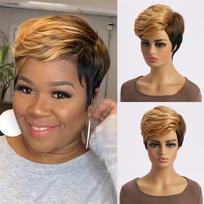 Synthetic Short Pixie Cut Wig with Bangs Brown and Blonde Fashion Hairstyle Side Parting Long Bangs Wig Daily Cosplay white