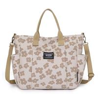 Fashion Floral Prints Shoulder Bag Multi-Pocket Canvas Crossbody Tote Bag with Zipper Large Capacity Student School Handbag white
