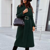 Women's Autumn Winter Long Sleeve Lapel Pocket Casual Coat Belt Woolen Coat L gray
