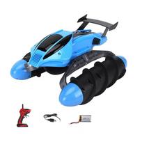 New Amphibious Stunt Drift Remote Control Boat Multi-Terrain Omi-Directional Driving Waterproof Body Spiral Wheel Cool Lights Hovercraft Water Toy Car mėlyna