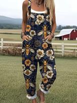 Floral Bee Print Loose Adjustable Pocket Overalls M black