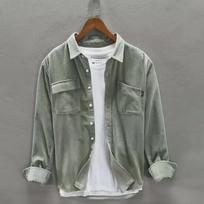 Men's Spring and Fall Thin Retro Pocket Casual Corduroy Long-sleeved Shirt Lapel Breathable Loose Jacket L gray