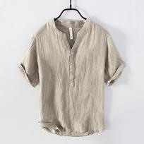 Vyriškas laisvalaikio megztinis su stovinčia apykakle Retro plonas medvilnės ir lino marškinėlis Topas XXXL beige