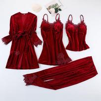 Bordo aksominis pižamos kostiumas moterims 4 dalys Kimono chalatas naktinių komplektas Sleepwear Lady Žieminis šiltas dryžuotas auksinis velvetinis chalatas 2XL black