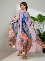 Boho Chic Peacock Print Beach Kimono Cover-Up with Belt - Long, Non-Stretch Polyester Wrap Dress for Women One-size