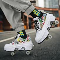 Unisex 4 ratų riedučiai su automatiškai įtraukiamais ratukais, aukšti, dvipusiai, riedlenčių sporto kedai jaunimui ir suaugusiems 38 balta