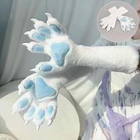 Kigurumi Style Fursuit Paw Gloves Five Finger Stretch Fit Cosplay Costume Accessory Adult Wear 5-Finger Fitted Paw - White Nylon L gray
