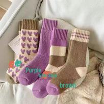 Women's Purple Mid-Tube Warm Terry Socks - Thick, Solid Color, Perfect for Autumn and Winter Purple brown