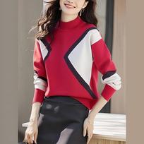 Autumn and winter new contrasting color pullover semi-turtleneck knitted sweater One Size white