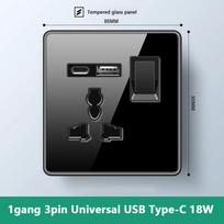 Prabangus viso grūdinto stiklo sieninio apšvietimo jungiklio mygtukas juodas JK kištukas 13A universalus sieninis lizdas su USB, 220V1gang2way greičio jungikliu
