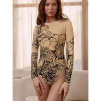 Women European Style Long Sleeve Tight One Piece Printed Swimsuit XL beige
