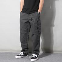 Autumn Men's Pants Multi-Pocket Cargo Pants Retro Solid Color Simple Loose Button Elastic Strap Casual Pants 3XL