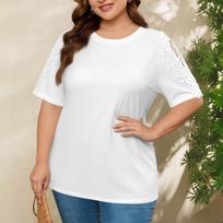 Plus Size Women's Fashion Casual Loose Elegant Off-shoulder Hollow-out Short-sleeve T-shirt Top XL white