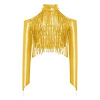 Girls Cold Shoulder Metallic Top Long Sleeve Finger Holes Cutout Back Sparkling Sequin Tassels Crop 7-8 Years auksas