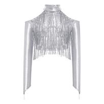 Girls Cold Shoulder Metallic Top Long Sleeve Finger Holes Cutout Back Sparkling Sequin Tassels Crop 13-14 Years sidabras