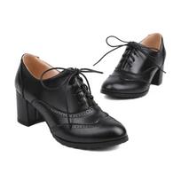 Didelis dydis 43 Moteriški Oksfordo batai Retro Aukšti Stori Kulniukai Brogues Mėlyni Raudoni Juodi Apvalūs Pirštai Šventinė Suknelė Biuro Lady Britiški Suvarstomi Batai 39 black