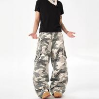 American retro multi-pocket design gray-white camouflage overalls men's and women's summer loose straight mopping jeans S gray