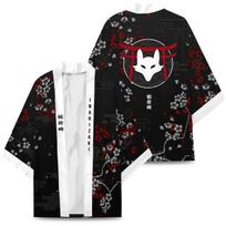Japanese Inari Fox Print Kimono for Men Women Summer Asian Traditional Costume Yukata Haori Red Floral Cardigan Cosplay Costumes M black
