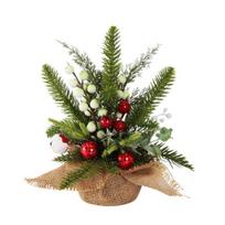Small Christmas Artificial Plants with Burlap Base Faux Pine Branches with Red Berries/Poinsettias Flower for Winter Indoor Home Office Table F beige