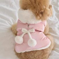 Faux Fur Collar Pet Winter Coat Pom Poms Accents Fleece Lined Vest Hooded Dog Vest  Winter Season XS rožinė