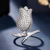 Huitan Tulip Shaped Women Opening Ring Aesthetic Flower Design Elegant Party Engagement Accessories Trendy Jewelry Full Shiny CZ resizable gray