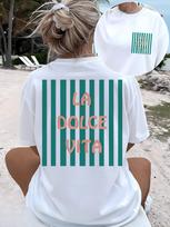 Retro Striped La Dolce Vita Print Tshirt Unisex Vintage Graphic Tee Harajuku Streetwear Short Sleeve Summer Aesthetic Shirt XL blue